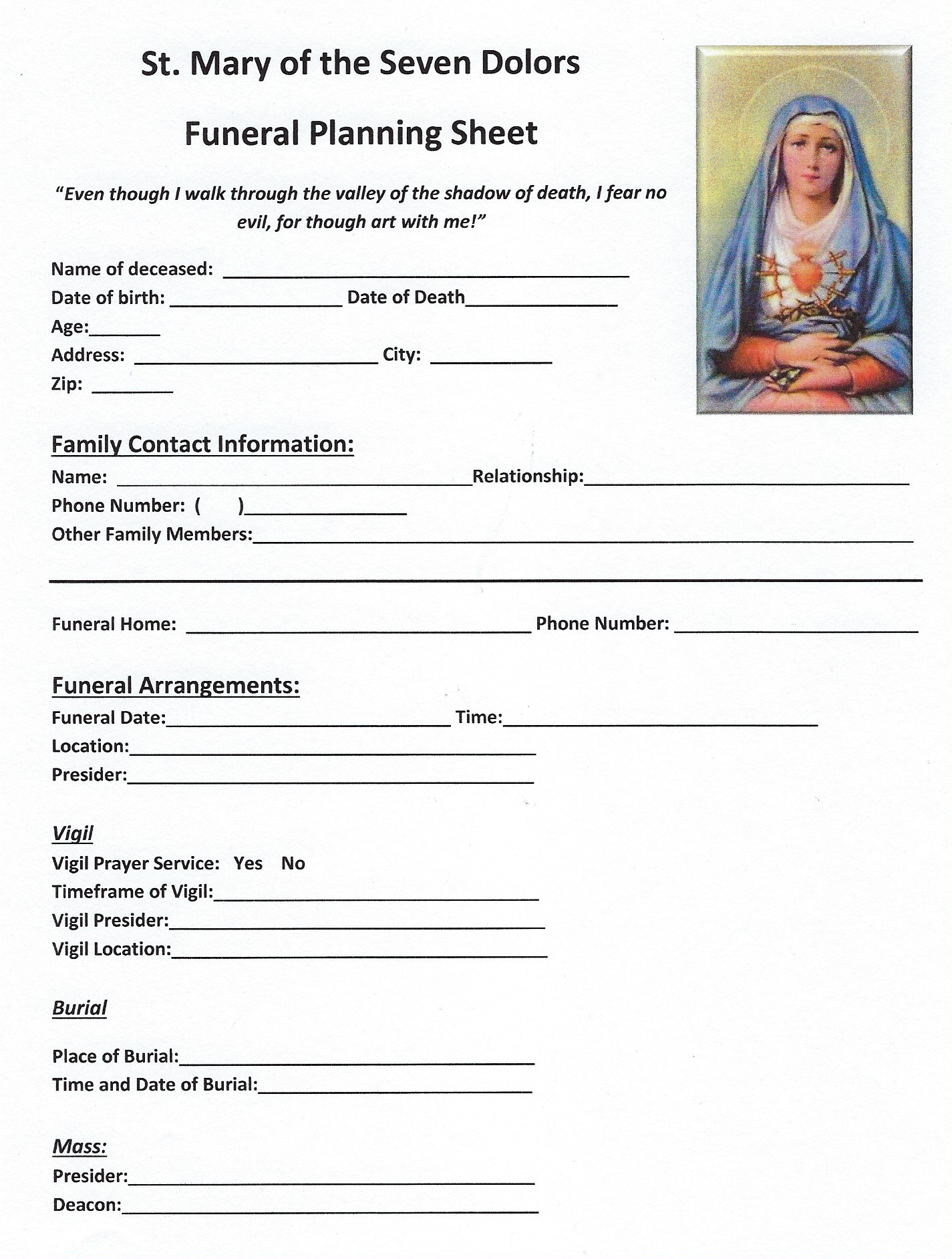 Funeral Planning Sheet St. Mary of the Seven Dolors